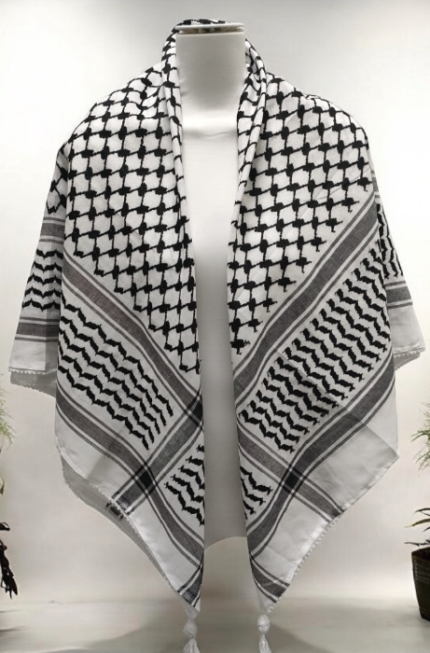 White and Black - Traditional Palestinian Style Embroidered Men Scarf Kifaya with Hand Made Tassels